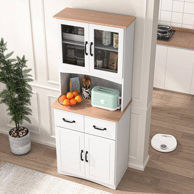 White Cabinet For Kitchen Storage - Adjustable Shelving & 1 Open Center Countertop Customize Your Microwave Solid Construction 2 Lower Door Cabinets