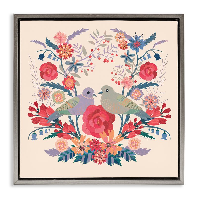 Cadre flottant symétrique avec fleurs et oiseaux, design par Verbrugge Watercolor, Cadre flottant gris lustré