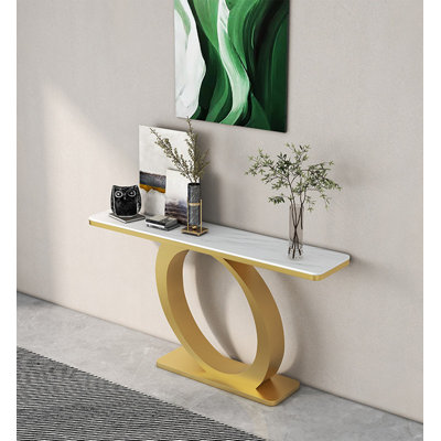 Contemporary Circular Frame Accent Console Table Rectangular Stone Top Decorative Sofa Table for Home Entrance
