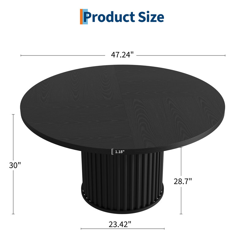 47-Inch Round Dining Table for 4-6 People, Black Industrial Kitchen Table with Waveform Metal Pedestal Base