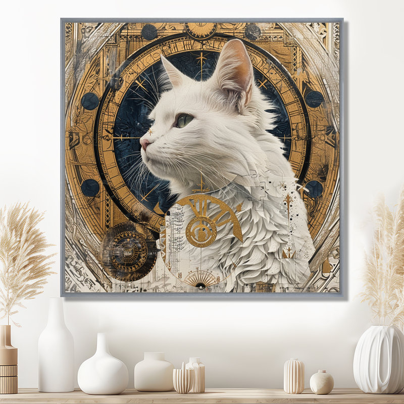Collage majestueux chat blanc - chat, art mural, H 30 po x l 30 po x P 1 po, Toile avec cadre argenté