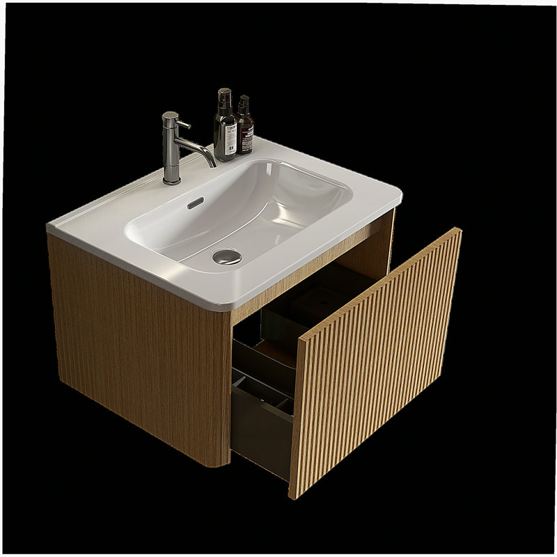 Table de maquillage de 24 po en chêne naturel rayé avec bol en céramique blanche, table de maquillage murale en porte-à-faux moderne pré-assemblée