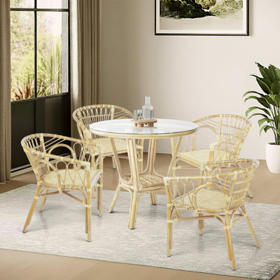 Indoor Rattan Wicker Dining Set For 4, Denver Tropical Style Round Glass Top Table With 4 Nevada Chairs, Vintage Bohemian Kitchen Furniture, Natural Color