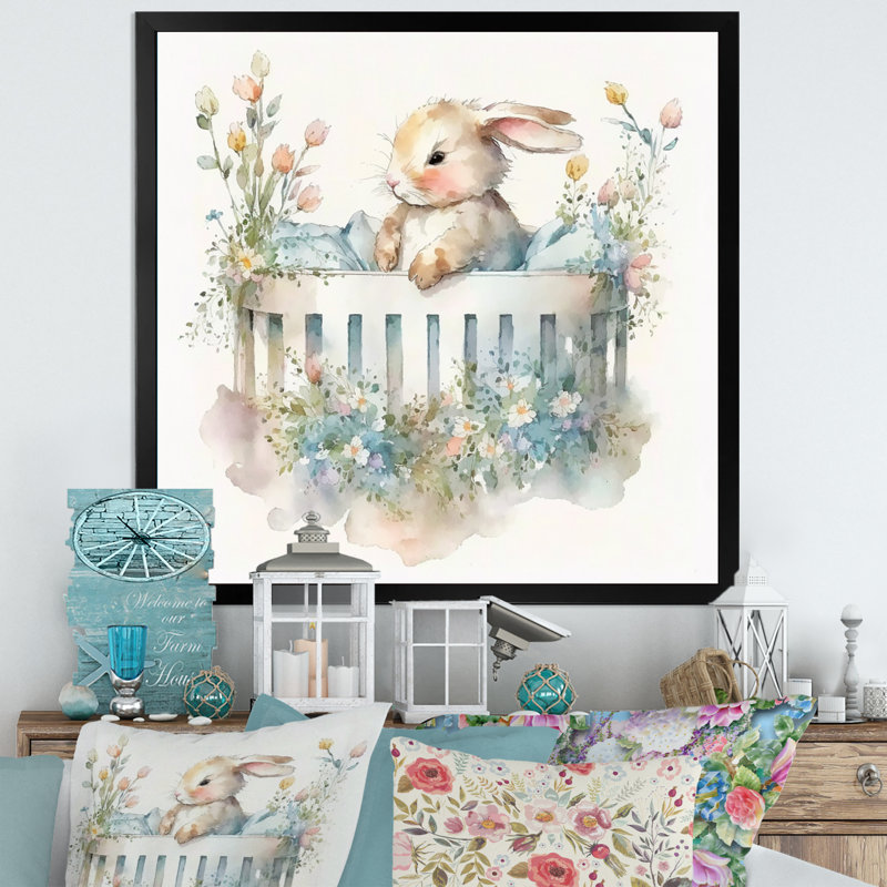 Baby Bunny In Crib With Flowers II - Rabbit, art mural, H 36 po x l 36 po, Cadre photo noir