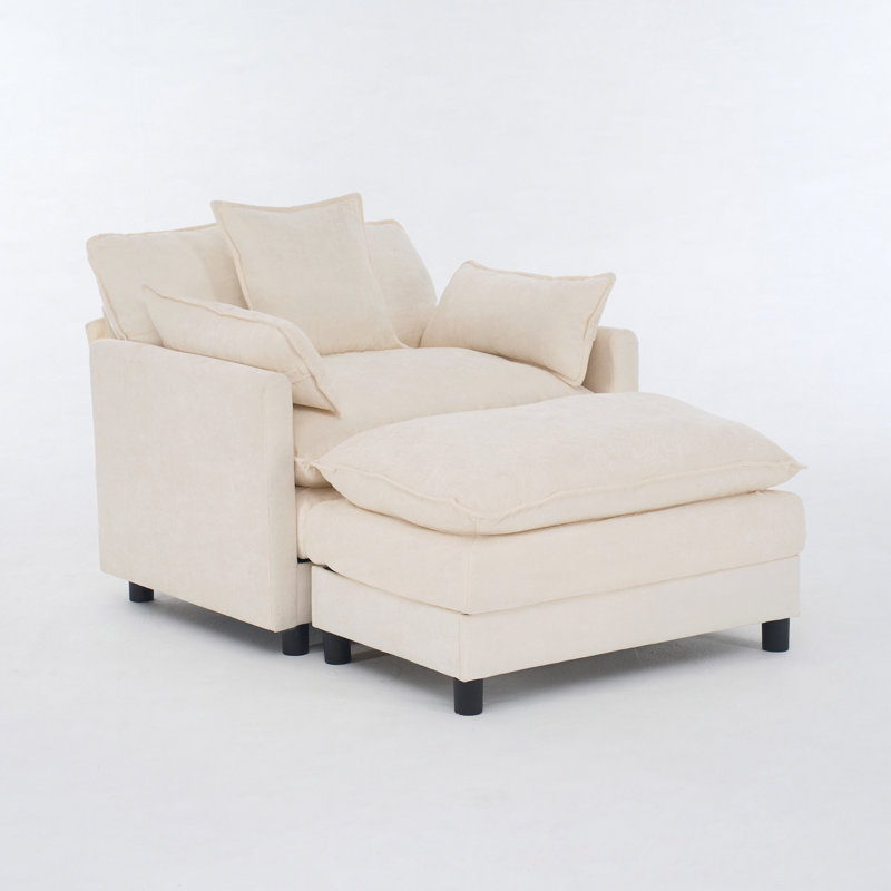 Accent Chair with Ottoman and Chenille Upholstery, Chenille beige