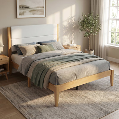 Structure de lit plateforme Mid-Century moderne avec tête de lit tapissier, support de lattes en bois massif, aucun sommier requis, assemblage facile, grand lit