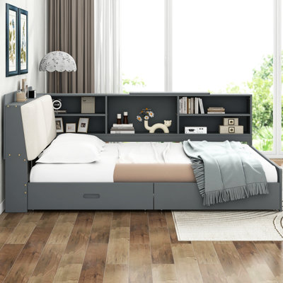 Lit plateforme double en bois gris avec tête de lit, tablettes intégrées, 2 tiroirs et système de lattes Safe Comfort Design