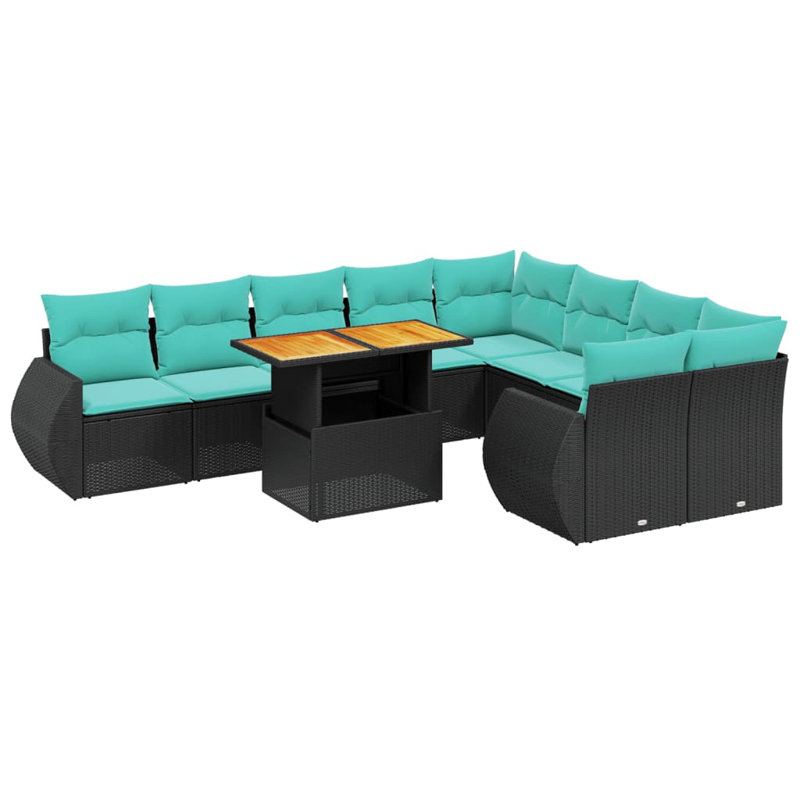  10 Piece Patio Sofa Set With Cushions Poly Rattan, Black, Green