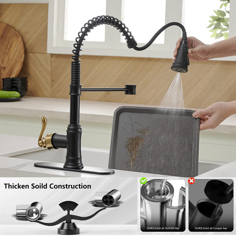 Kitchen Sink Faucet With Deck, High Arc Single Handle Pull-Down Sprayer, Three Spray Modes Kitchen Faucet, Black/Brushed Gold