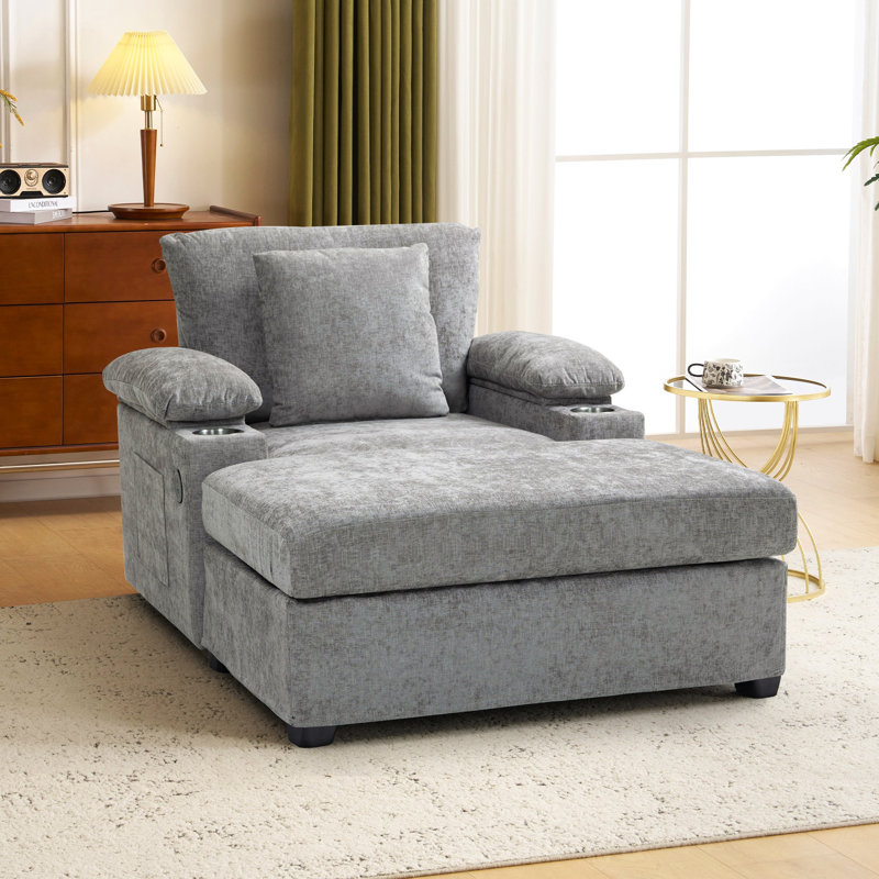 Chaise surdimensionnée grise avec lit convertible, porte-gobelets encastrés et poches de rangement, lit d'appoint en chenille moderne, accoudoirs à fermeture lente pour le salon