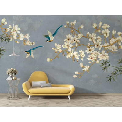 Elegant Gray Magnolia Bird Branch Wallpaper