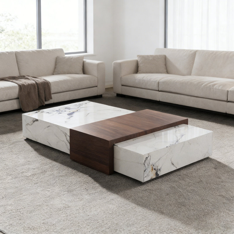 Table basse en ardoise à 2 tiroirs Simplicity Home, H 14,17 po x L 51,18 po x l 31,49 po, Brun noisette, Gris foncé / Blanc