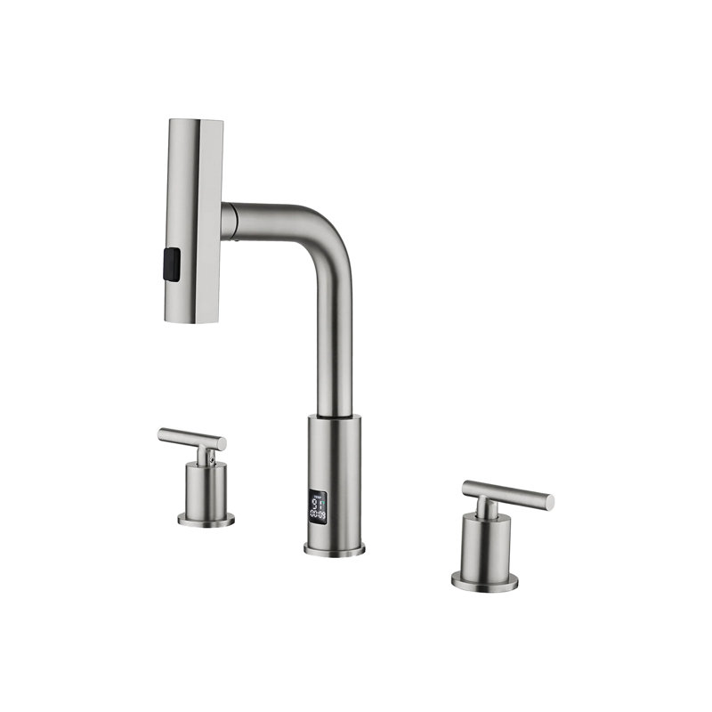 Lefton Waterfall Pull-out Bathroom Faucet 3 Hole With Temperature Display In Fahrenheit (battery-free), 8-inch Widespread Vanity Faucet For Bathroom Sink With 2 Handles