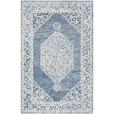 Salerna Micro-Loop Hand Tufted Wool/Cotton Oriental Rug in Ivory/Blue