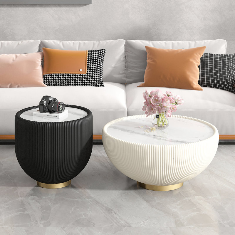 Modern Round Marble Pattern Tabletop Leather Edge Sofa End Table with Metal Base, Luxurious and Durable for Home Decor, Black