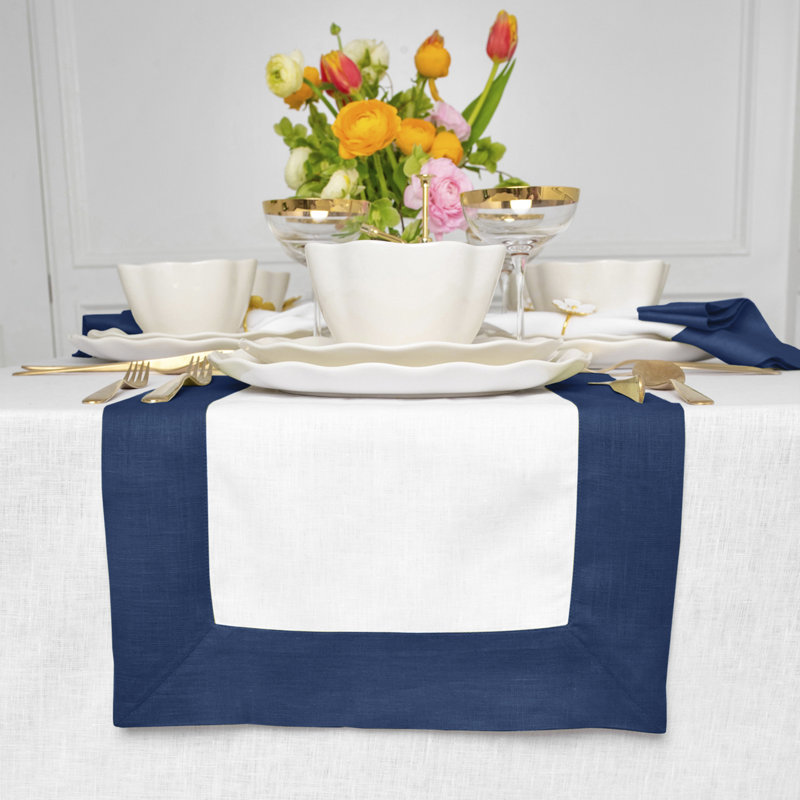 Contempo - 100% Pure Linen Table Runner, 108" x 14", Indigo Blue/White