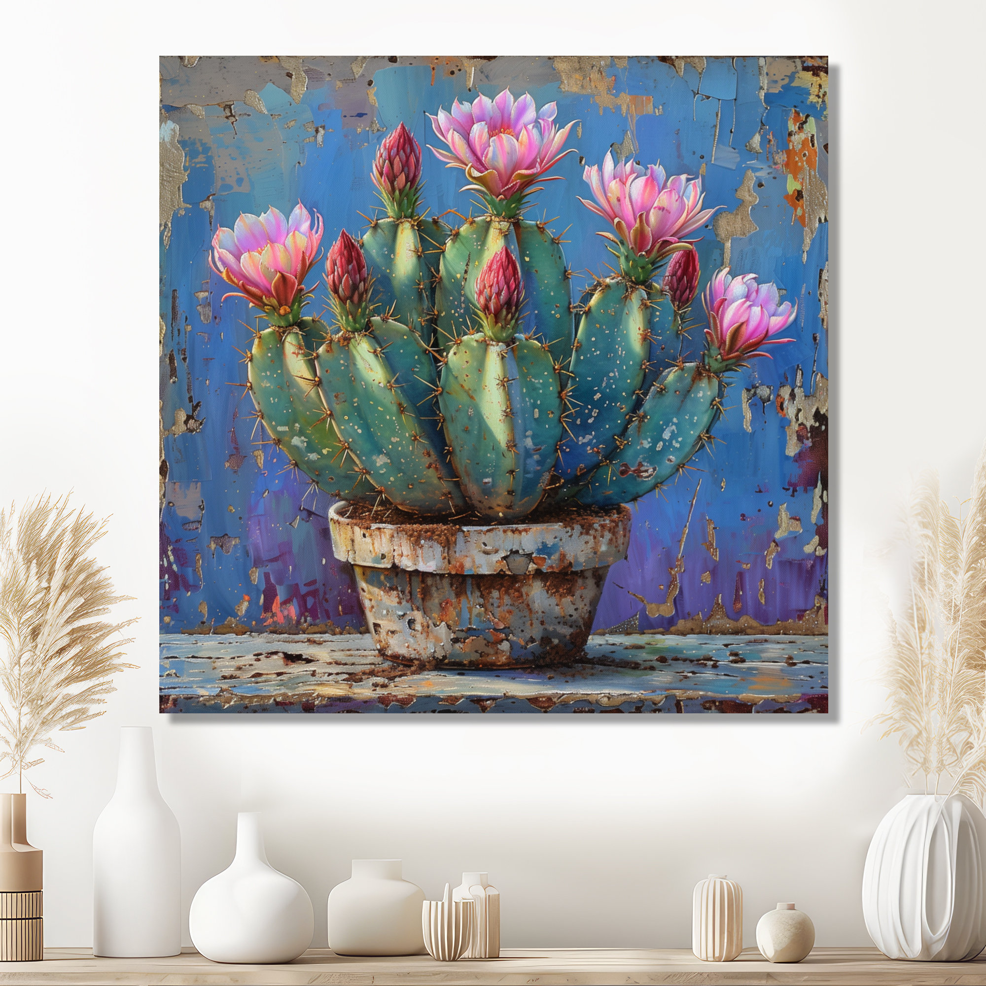 Bungalow Rose Pink Cactus In Desert Pottery - Floral Cactus Wall Art ...