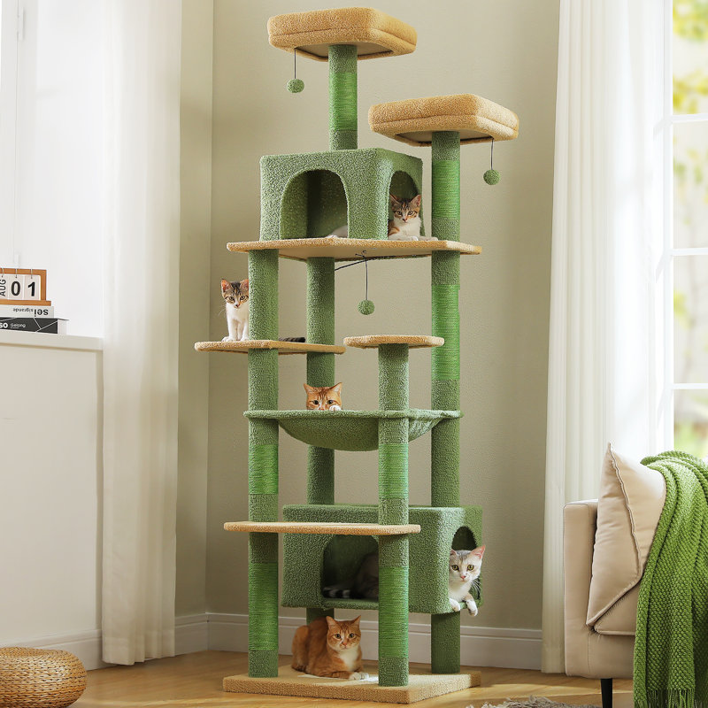 Arbre à chat de 80,7 po et poteaux à griffer inclus avec plateforme et panier, Vert