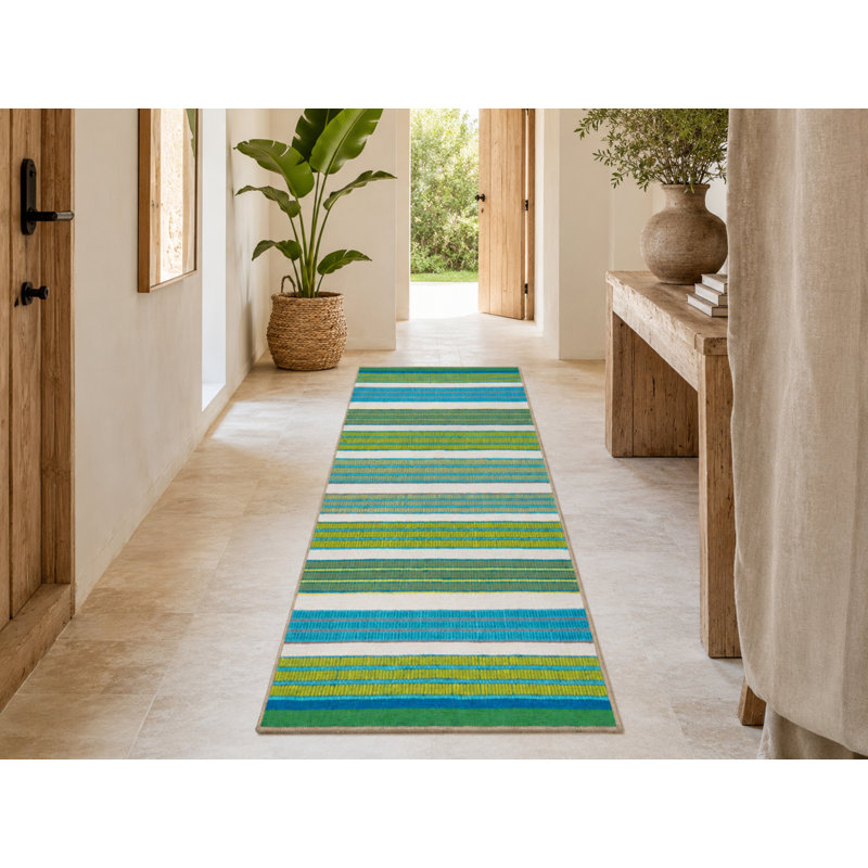 Tapis tissé à rayures vertes, Rectangle 4 pi 8 po x 6 pi 7 po