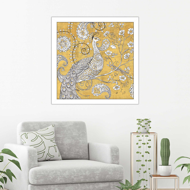 «Color my World Ornate Peacock I Gold», reproduction, H 21,5 po x l 21,5 po x P 0,75 po, Cadre blanc