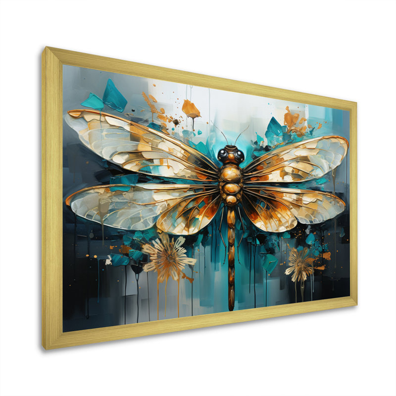 Bleu sarcelle, turquoise, libellule, gouttes I - Libellule, art mural, H 34 po x l 44 po x P 1,5 po, Cadre doré simple