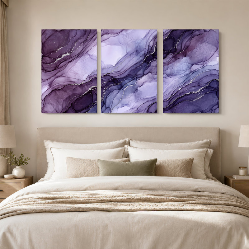 Encre mauve et argentée, ensemble abstrait de 3 toiles, H 30 po x l 20 po x 3 pièces