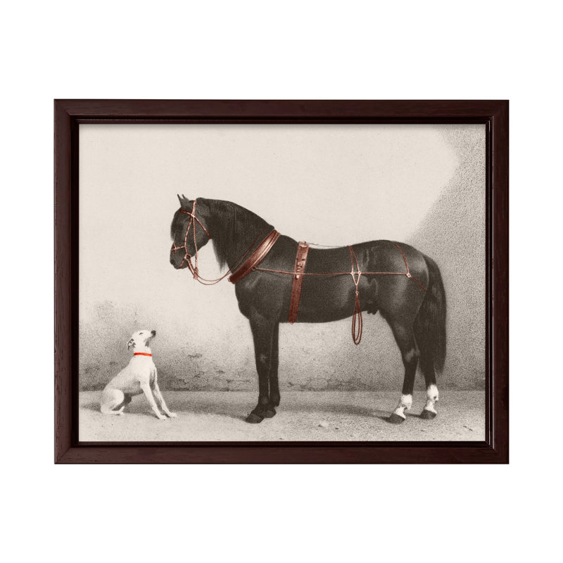 Cheval et chien, Canevas, H 18 po x l 24 po, Encadrement brun