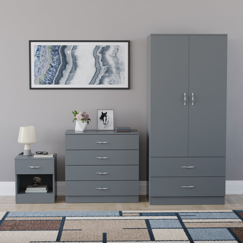 Maybery 3 Piece Bedroom Set (1 Drawer Bedside Chest, 4 Drawer Chest, 2 Door 2 Drawer Wardrobe), (4), Grey