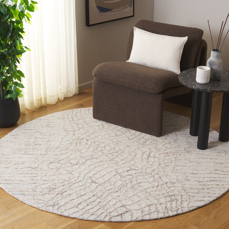 Tapis beige / gris en laine / coton touffeté à la main Mariom 534, Rond 6 pi