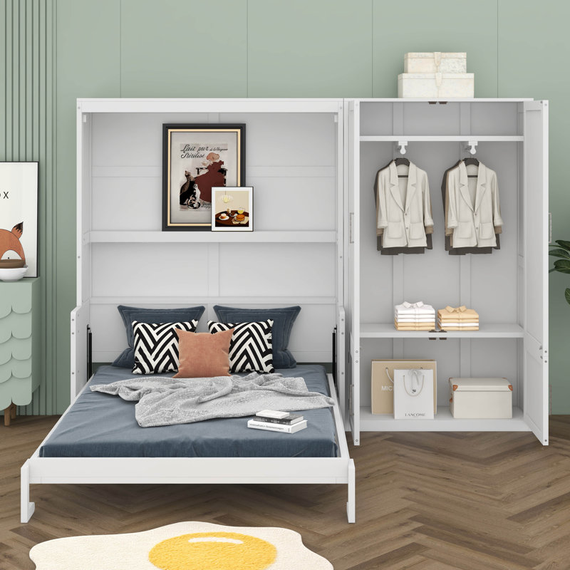 Grand lit escamotable mural avec placard, Blanc