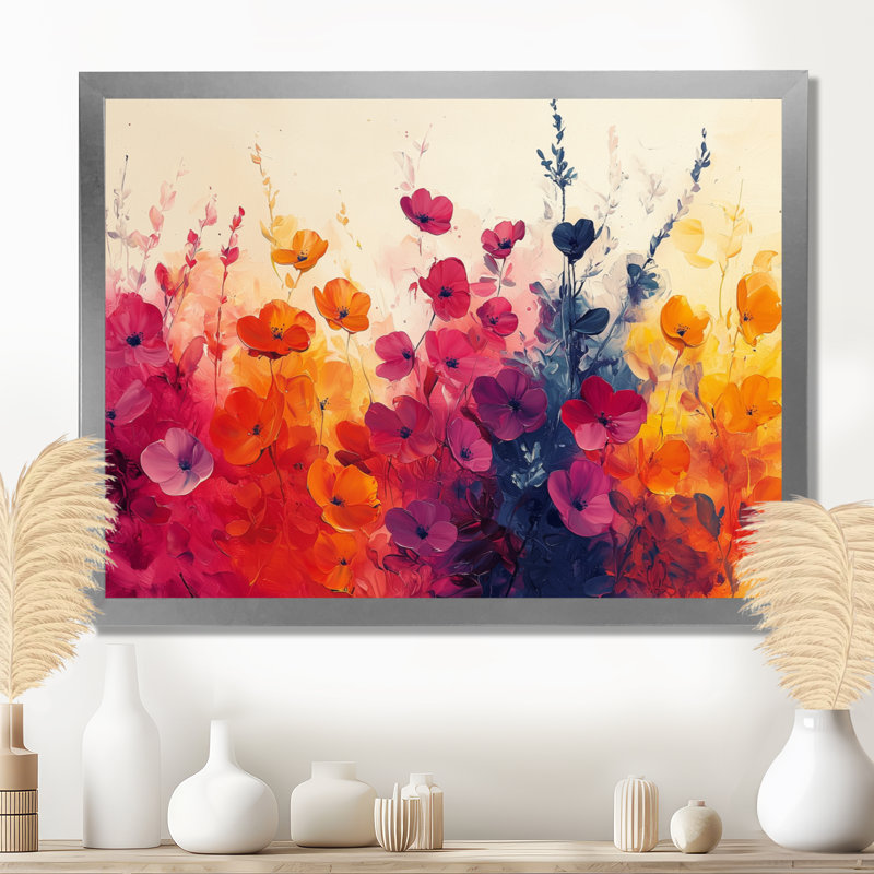 Garden Plants Symphony In Bright Splash - Art mural floral, H 16 po x l 32 po, Cadre simple argenté