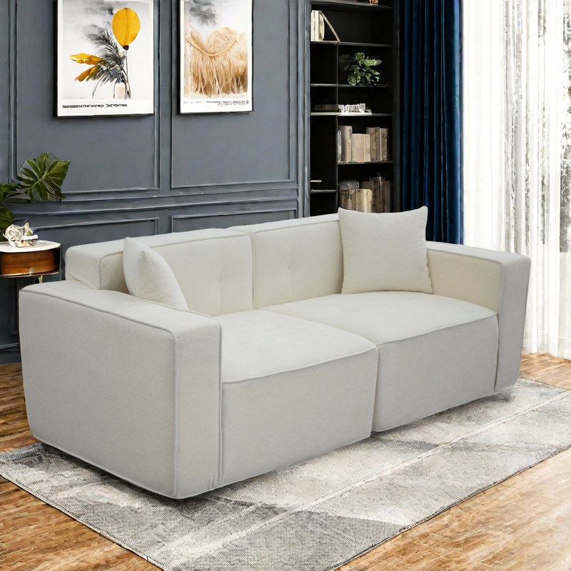 Lit moderne en velours 3 - Revêtement en lin blanc, dossier rembourré, chargement pour chambre à coucher Mid Century, Blanc