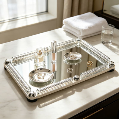 Plateau de présentation en cristal en cristal 11,8 x 7,9 pouces, miroir en argent écrasé, plateau de coiffeuse Noble bijoux, plateau de coiffeuse rectangulaire décorative pour la maison