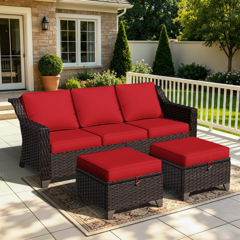 77'' Wide Wicker Outdoor Patio Sofa, Red