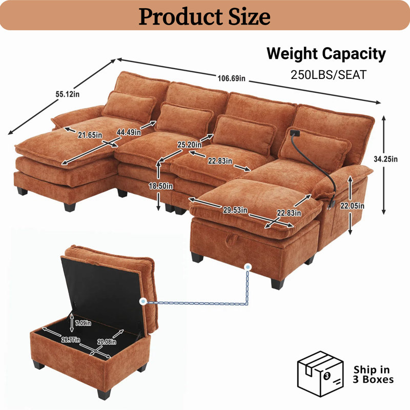 106" U Shaped Sectional Sofa Set with Storage Ottoman & USB Ports, Modular Cloud Couch with Chaise Lounge & Pillows, Orange