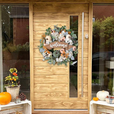 Couronne de citrouille hortensia automne pour la porte d'entrée avec fleurs d'automne et signe de bienvenue, couronne florale de ferme pour porche intérieur extérieur, mur, action de grâce et décoration saisonnière
