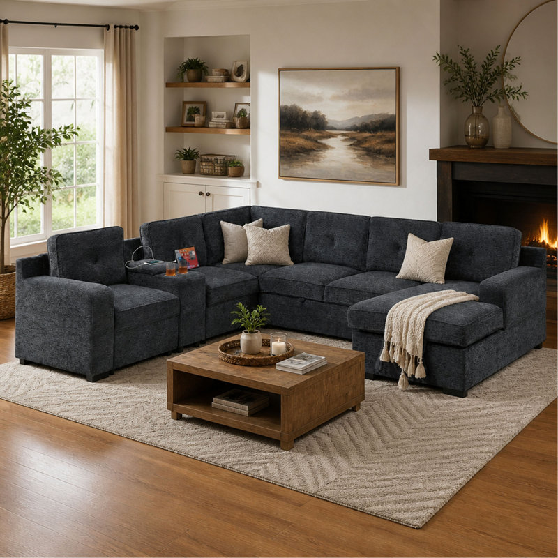 Ensemble de canapé d'angle capitonné 4 pièces en chenille avec lit gigogne, méridienne de rangement, console et porte-gobelet pour salon