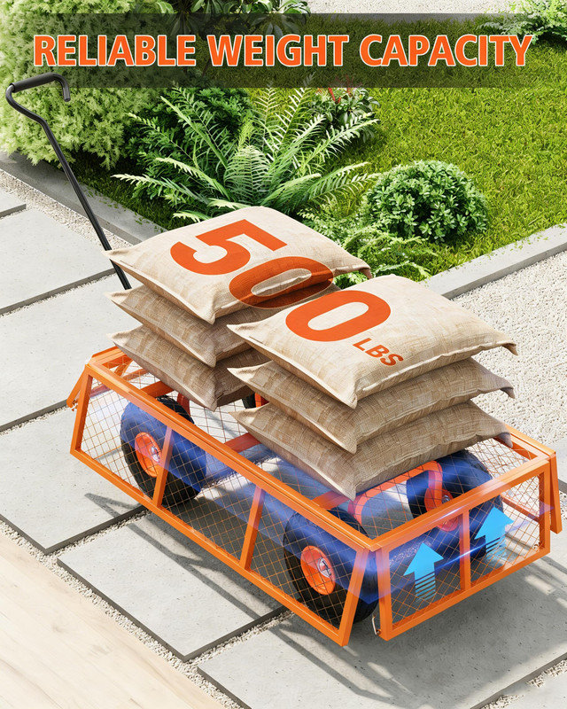 Chariot de jardin pliant robuste - Chariot en acier de 500 lb avec pneus de 10 po et côtés grillagés, Orange
