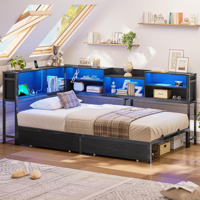 Daybed With 2 Underneath Storage Drawers And Charging Station, L-shape Corner Bed Frame With Storage Bookcase And Led Lights For Living Room, Bedroom & Guest Room