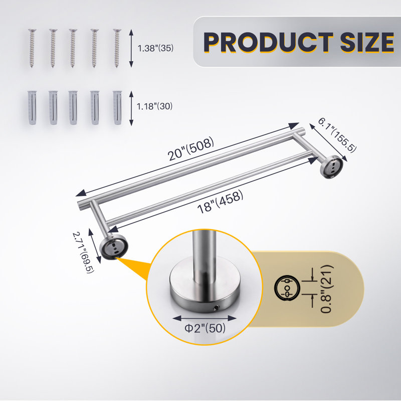 Double barre à serviettes en acier inoxydable SUS 304, porte-serviettes mural pour salle de bain, H 2 po x l 20 po x P 6,1 po