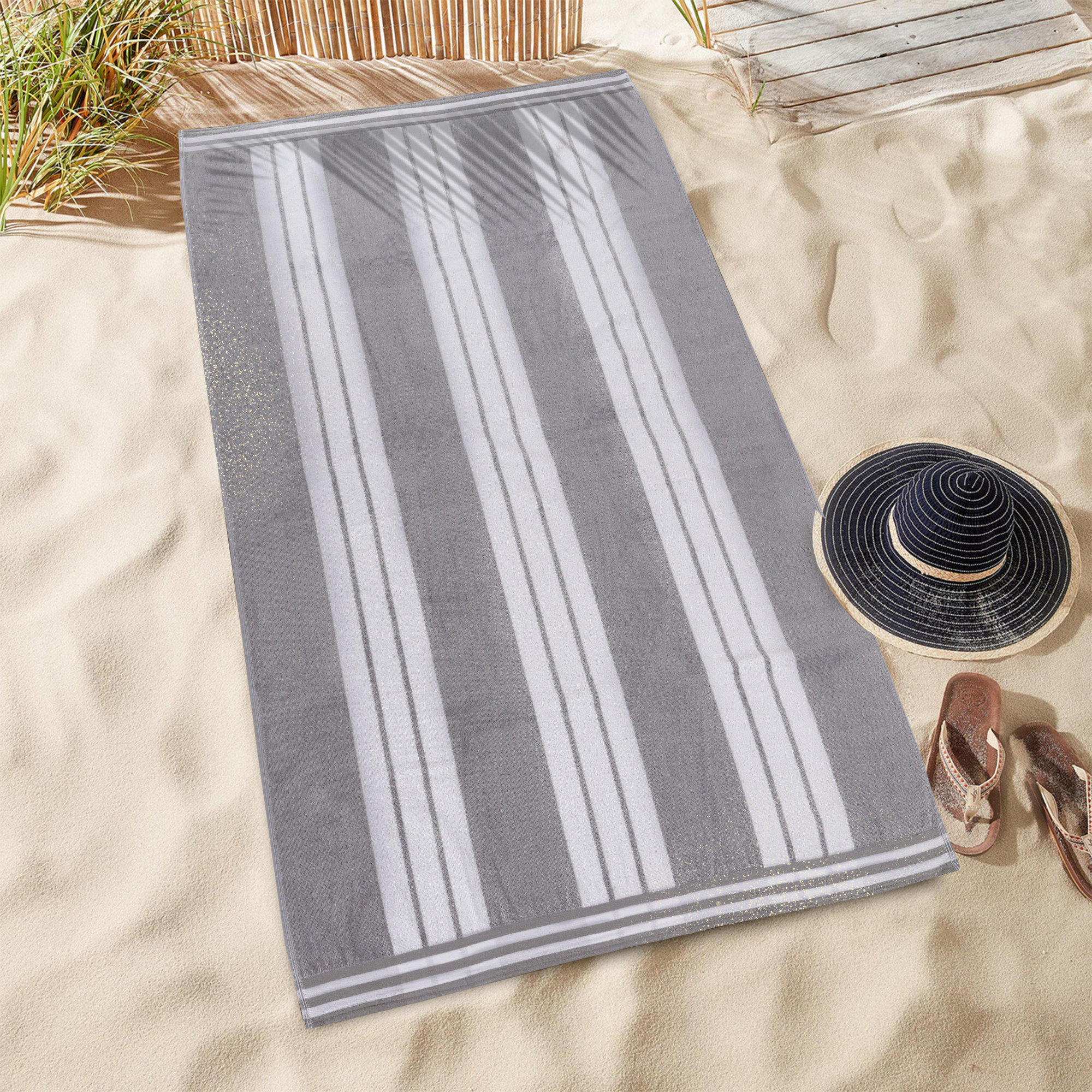 Chira Oversized Stripe Cabana 100% Cotton Beach Towel, Light Gray, Beach Towel - 1 Pack