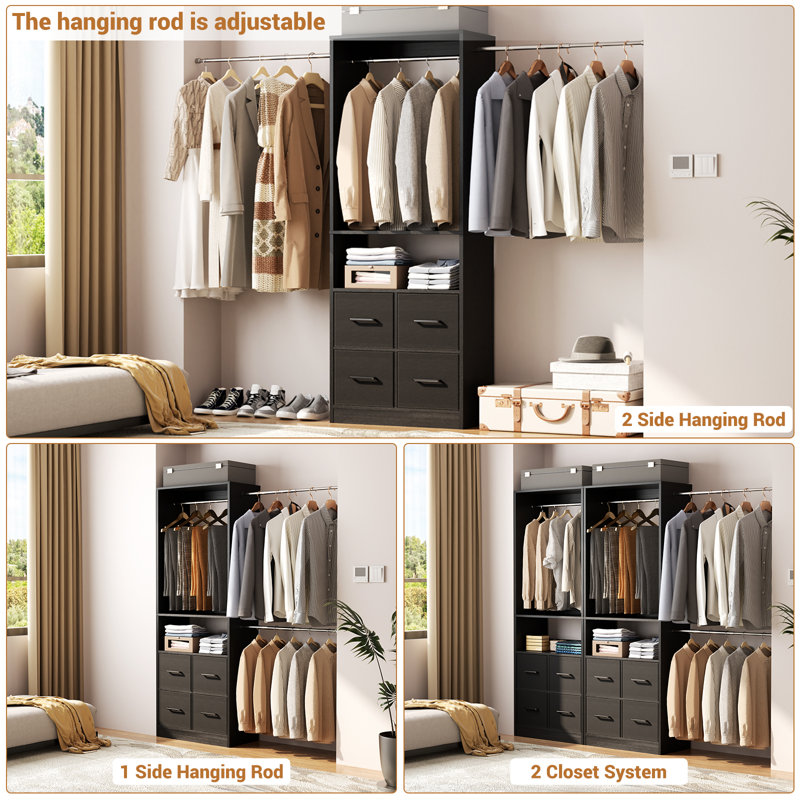 49.2" - 127.9" Wooden Wardrobe System with Adjustable Shelves and Drawers, Black