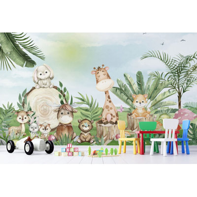 Adorable peinture murale d'animaux de la jungle | Papier peint chambre de bébé lion girafe | Non-tissé ou pelez et collez