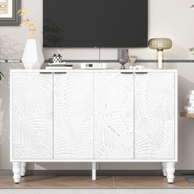 Meuble télé 47,2 po, finition blanche, 2 armoires spacieuses, tablettes réglables, pieds en pin massif, pour un meuble de divertissement moderne de 47,2 po, armoires et salon en bois
