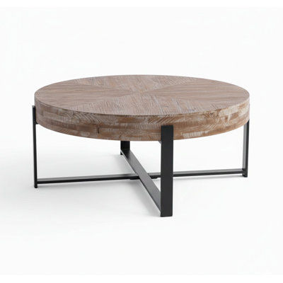 Modern Retro Splicing Round Coffee Table,Fir Wood Table Top With Cross Legs Base