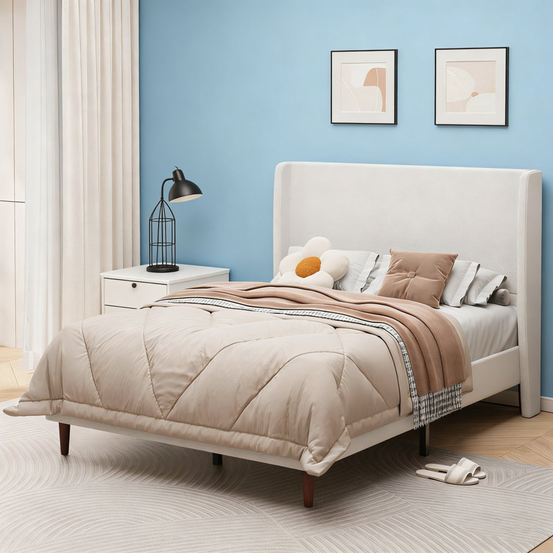 Lit tapissier à tête de lit haute, structure de lit grand, support à 12 lattes, beige, tissu chenille facile à assembler, aucun sommier nécessaire