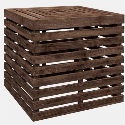 Outsunny 2-in-1 Outdoor Storage Box for Umbrella Base, Coffee End Table, Wooden Patio Umbrella Stand Table with Umbrella Hole, Brown