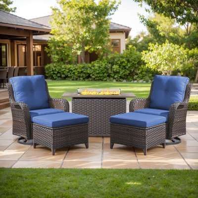 Carolina 5 - Pieces Outdoor PE Wicker Patio Conversation Furniture Set With Fire Pit And Cushions