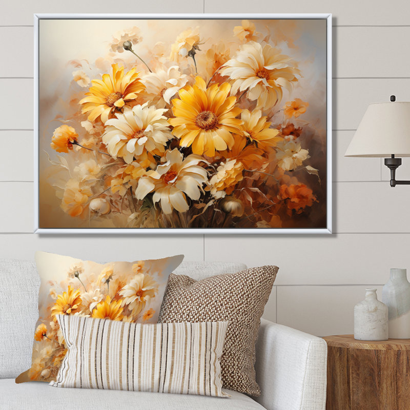 Impression romantique sur toile, tournesols beiges beige IV, Cadre flottant blanc, H 12 po x l 20 po x P 1 po