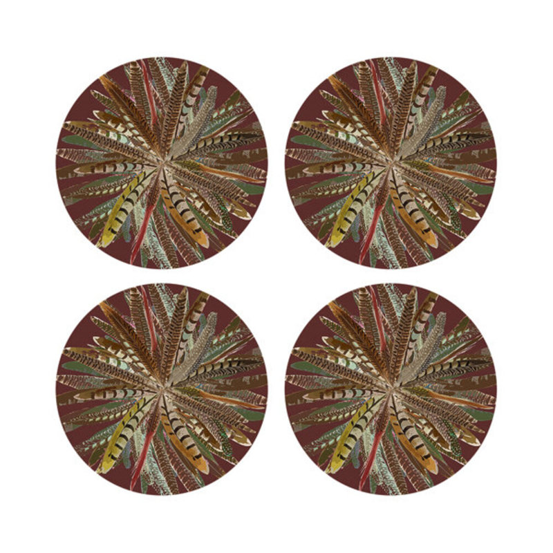 Pheasant Feathers Yellow Vegan Leather Round Coasters, Porto
